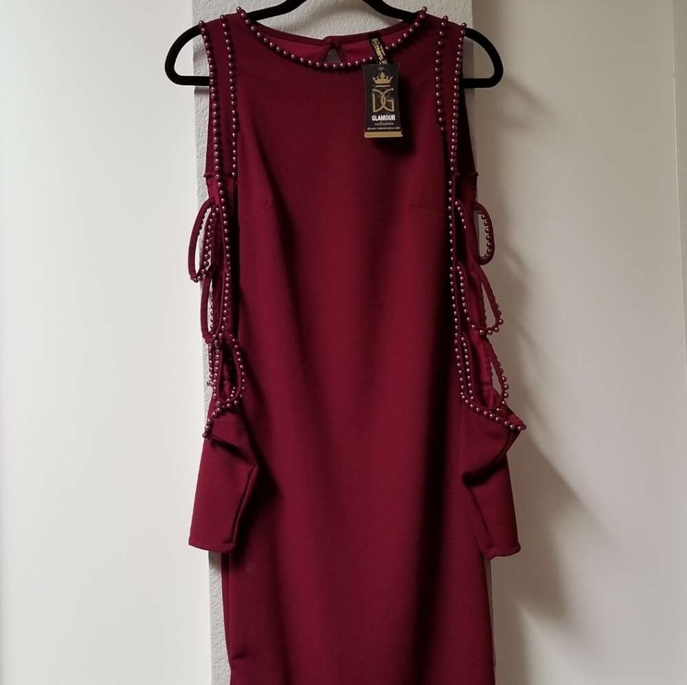 Maroon dress with beaded sleeves